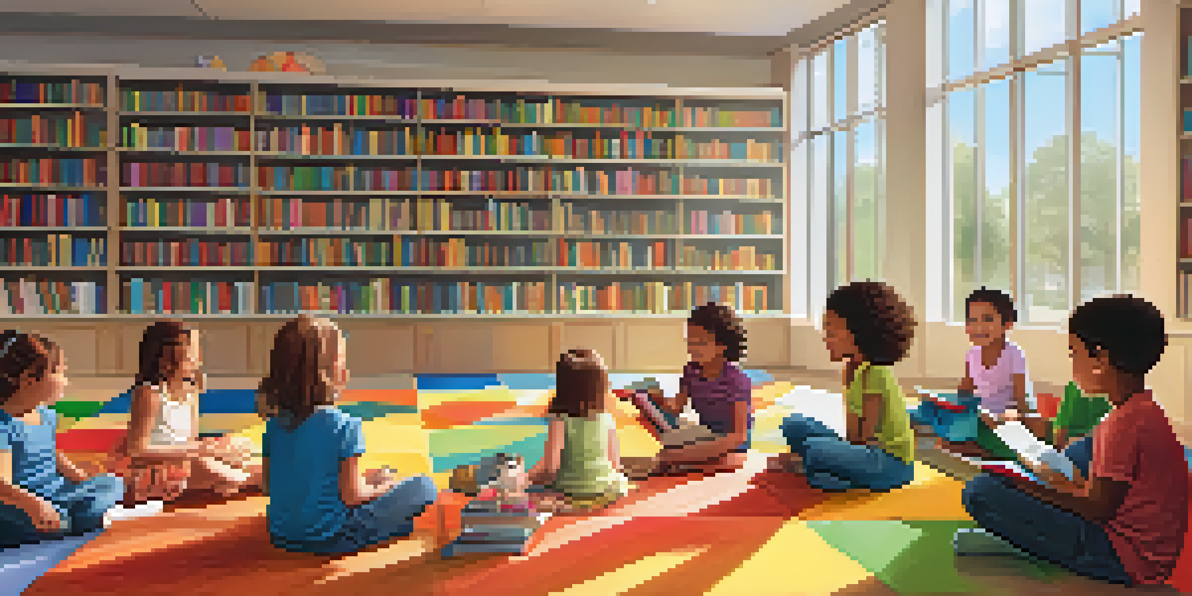 A vibrant children's storytime session in a library with children sitting on colorful mats and a storyteller reading a book.