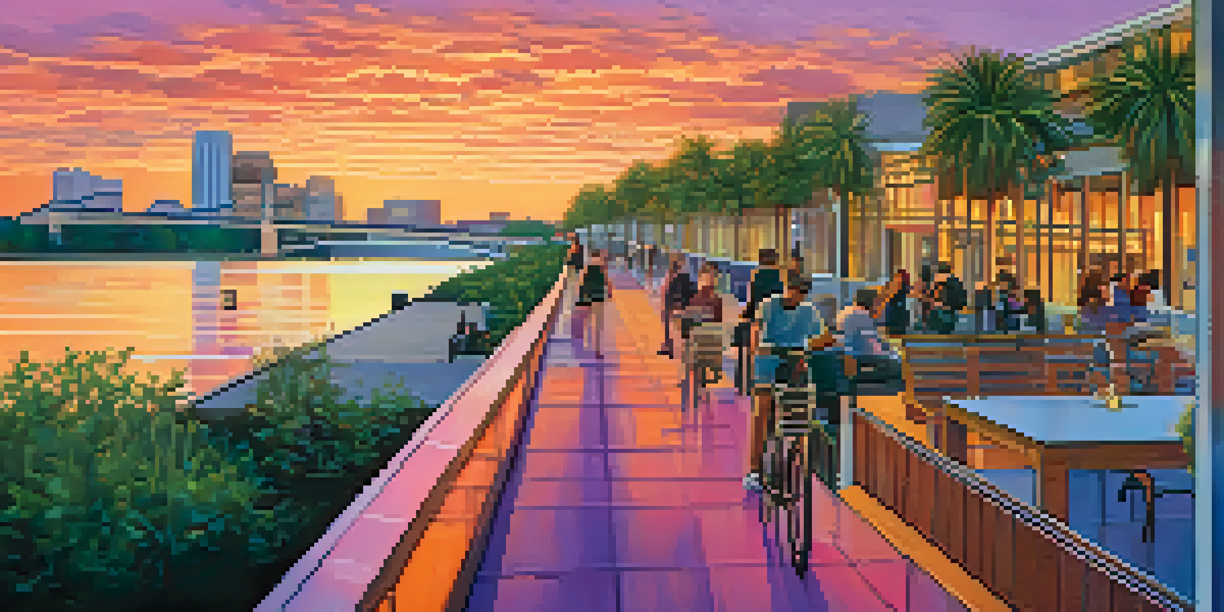A sunset view of Jacksonville's Riverfront, with people enjoying the Northbank Riverwalk and modern art installations.