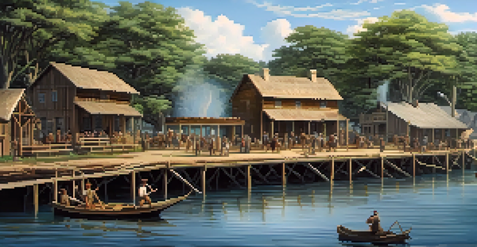 A historical depiction of Jacksonville's founding in 1822 with early settlers near the St. Johns River, showing wooden structures and lush greenery.