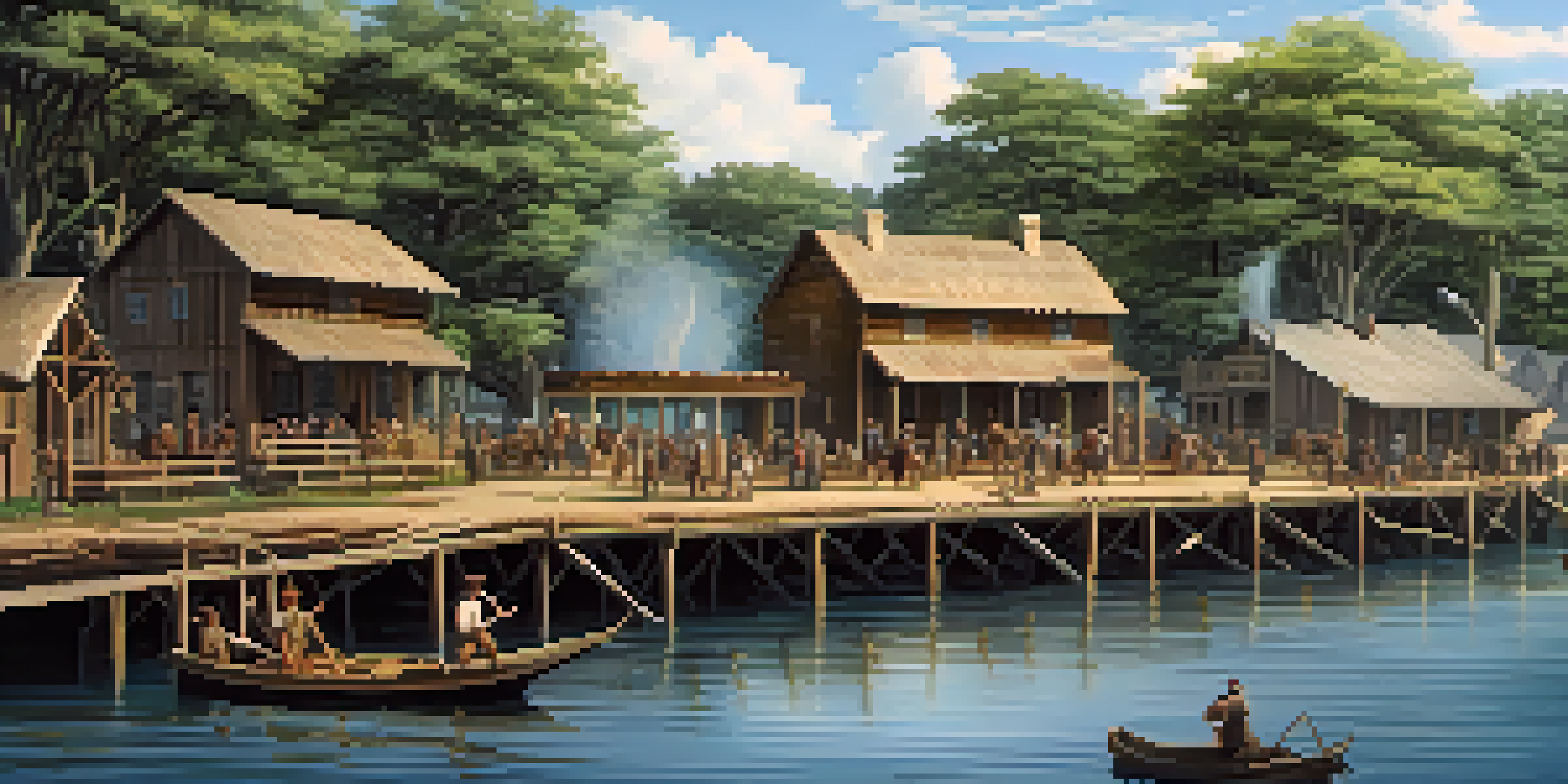A historical depiction of Jacksonville's founding in 1822 with early settlers near the St. Johns River, showing wooden structures and lush greenery.