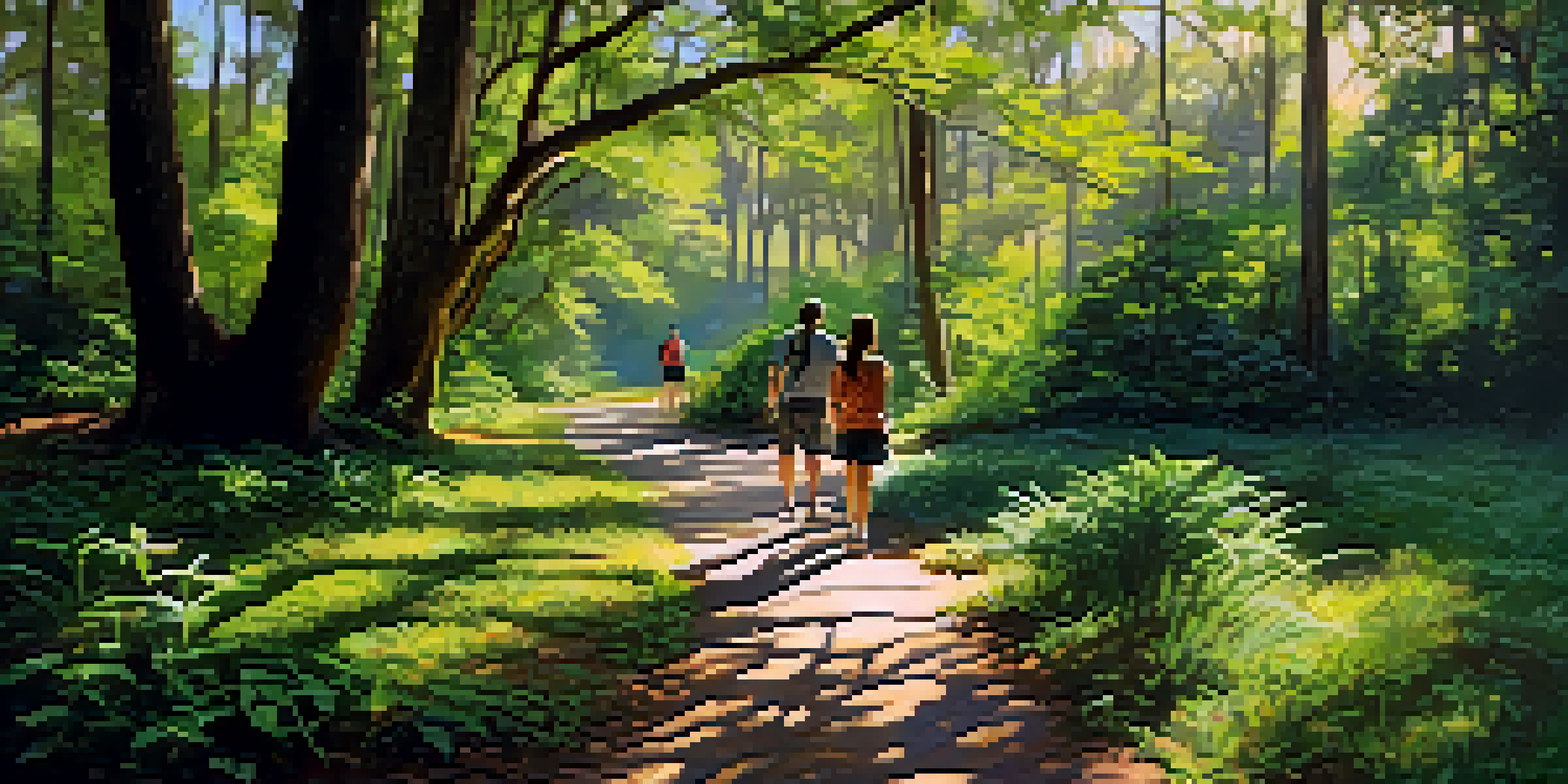 A family walking along a trail surrounded by vibrant plants and trees in the Jacksonville Arboretum, with sunlight filtering through the leaves.