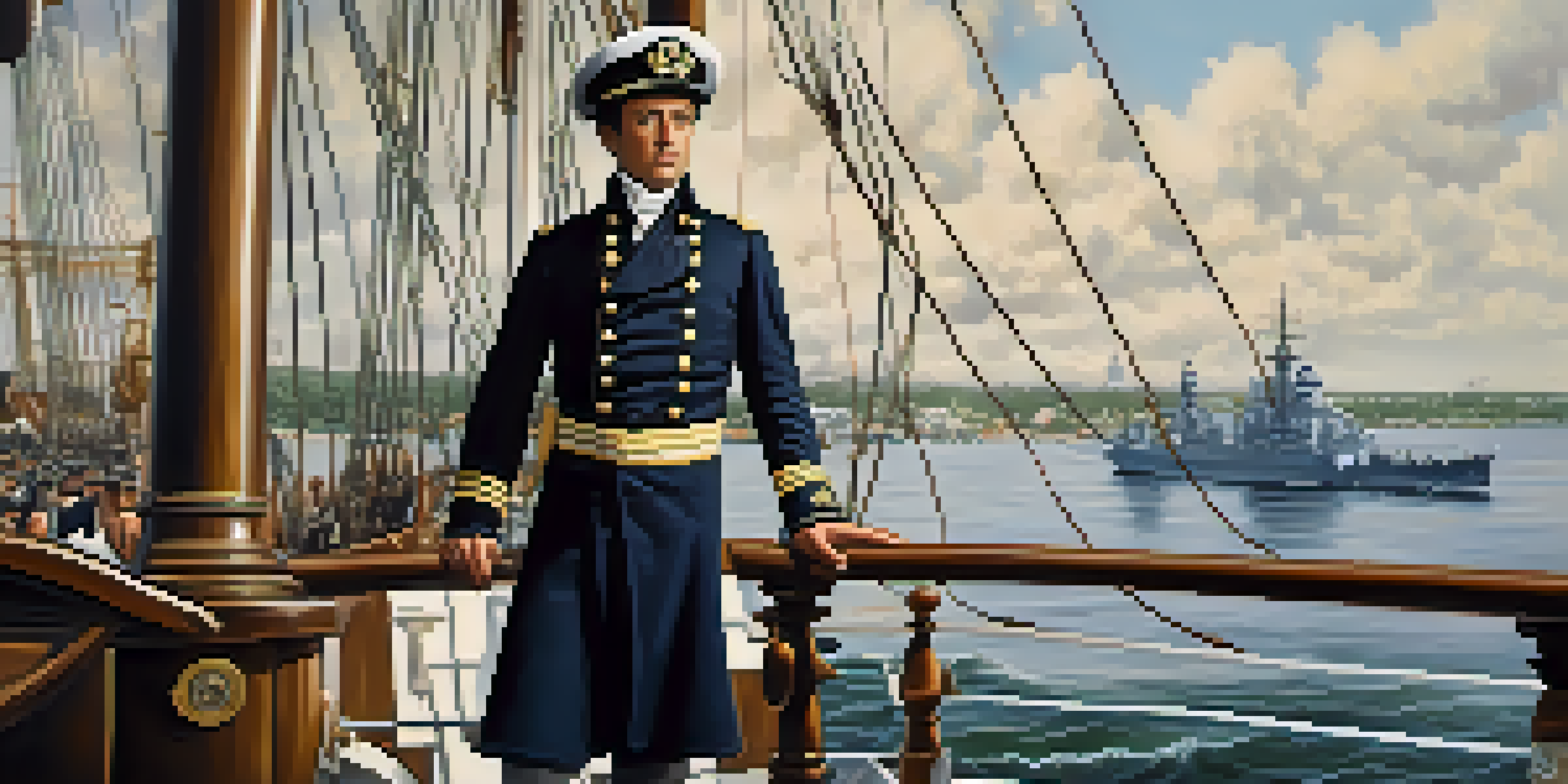 A historic black and white photo of Commodore Matthew Perry on a naval ship in Jacksonville's harbor, showcasing 19th-century naval attire and wooden ships against a sunlit sea.