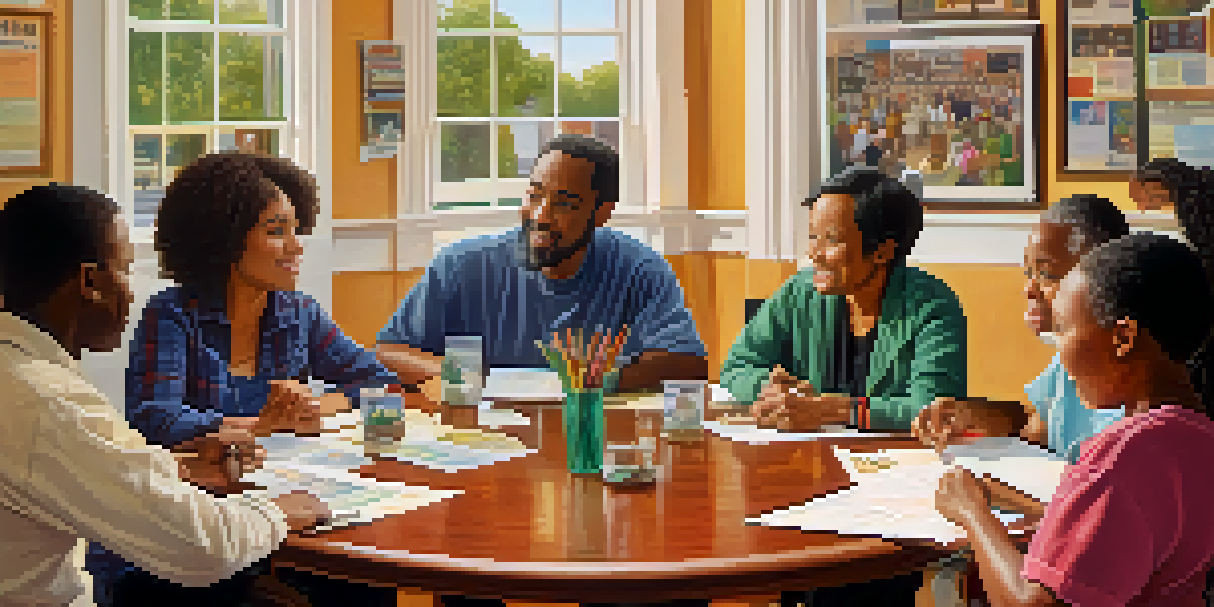 A diverse group of residents gathered at a neighborhood association meeting, discussing community issues with enthusiasm in a sunlit room.
