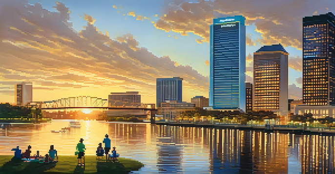 A panoramic view of Jacksonville's skyline at sunset with families in a riverside park.