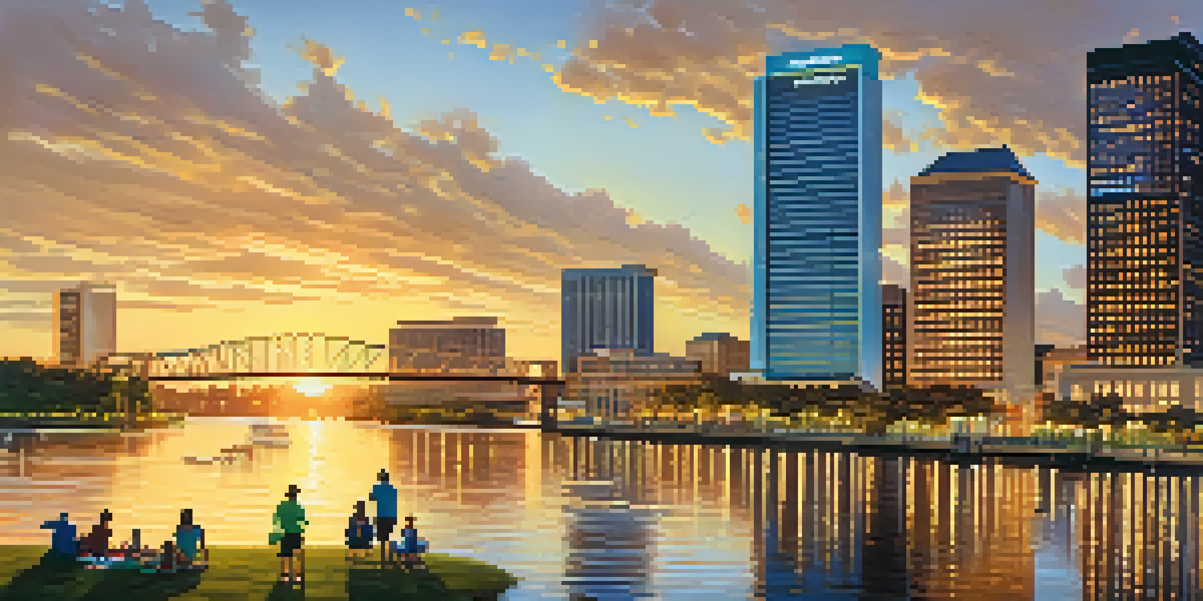 A panoramic view of Jacksonville's skyline at sunset with families in a riverside park.
