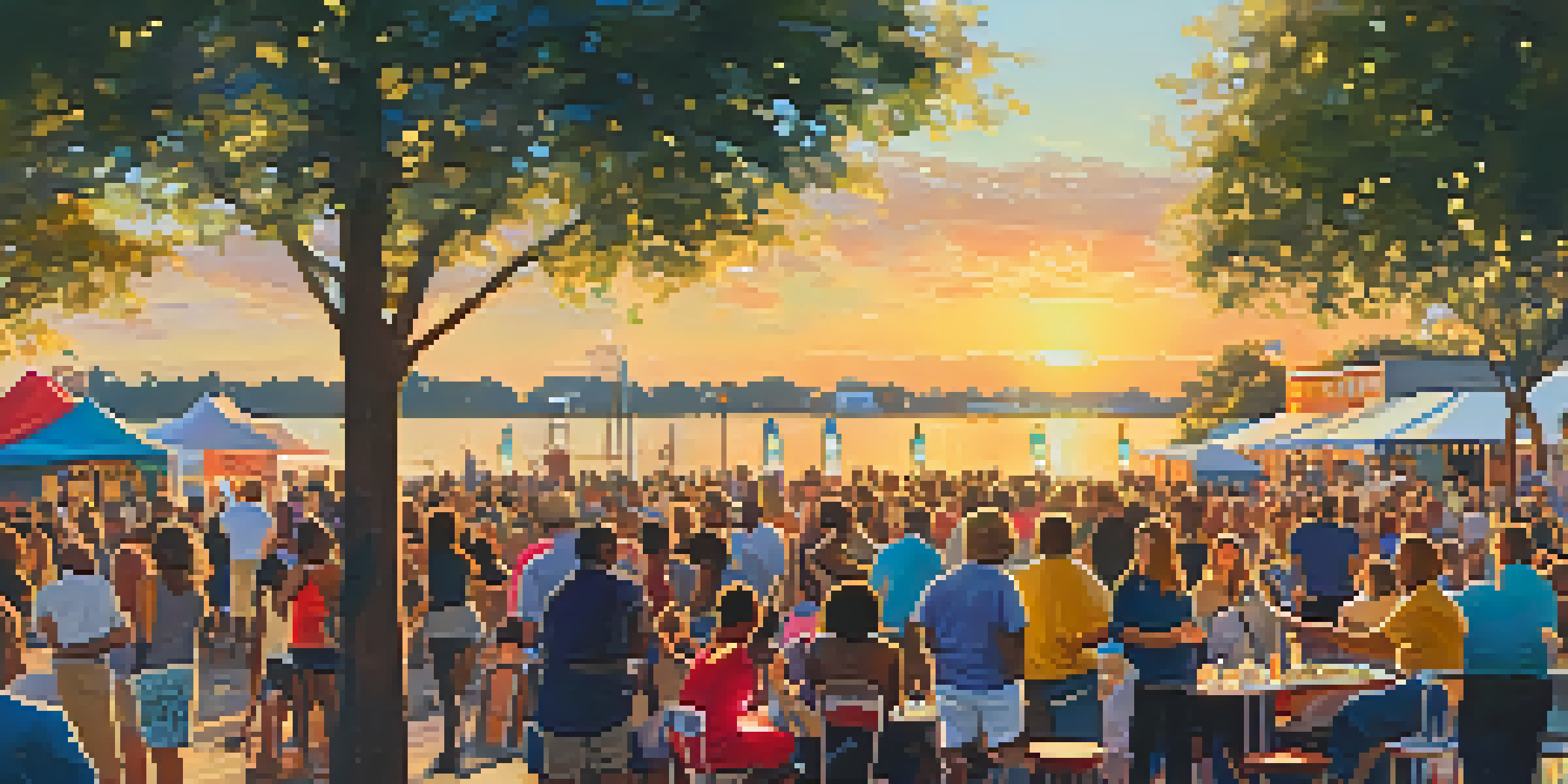 A lively crowd enjoying live jazz music at the Jacksonville Jazz Festival by the river during sunset.