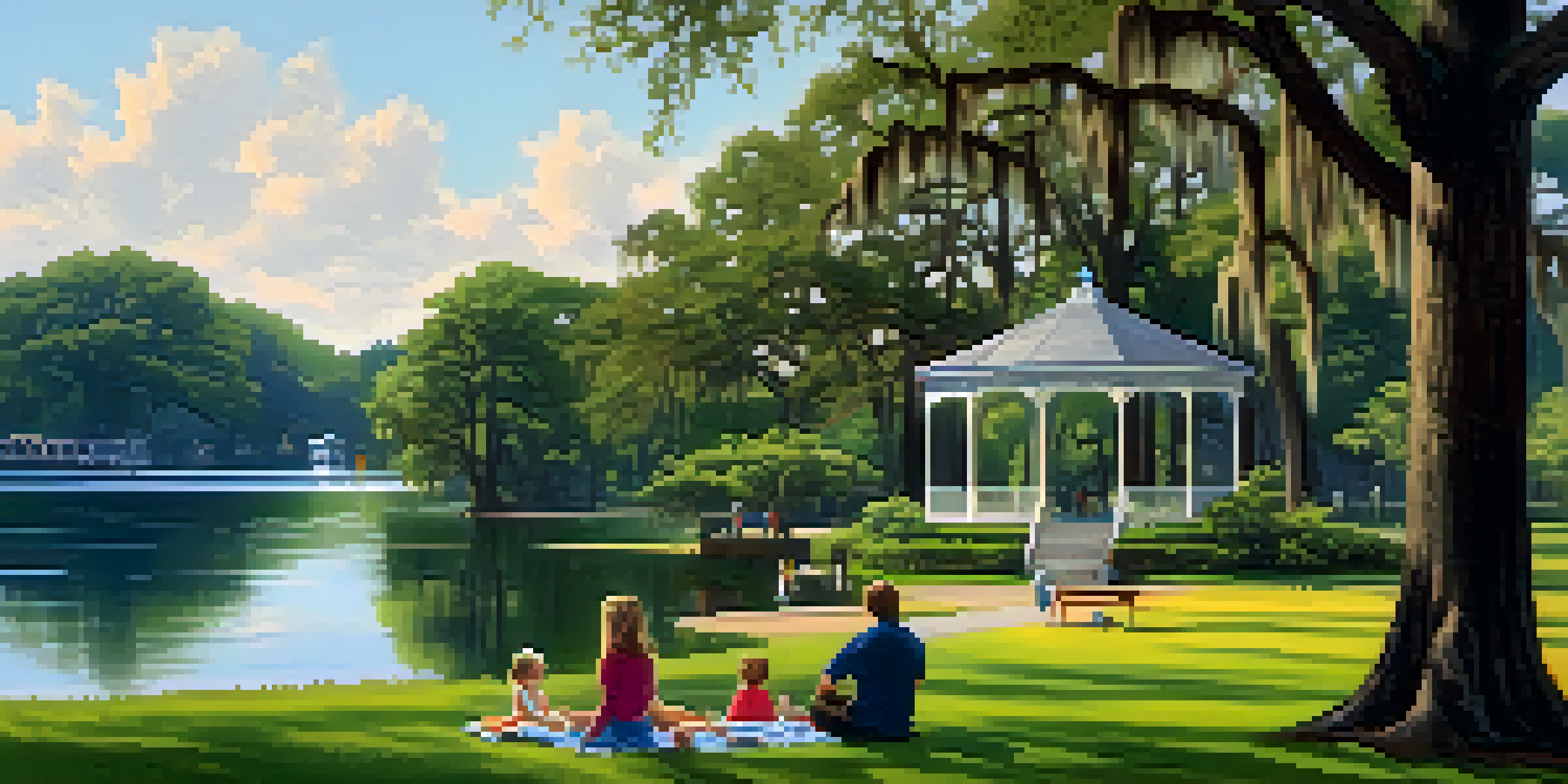 A scenic view of Riverside Park featuring large oak trees, a calm lake, and families having picnics on the grass with historic homes in the background.