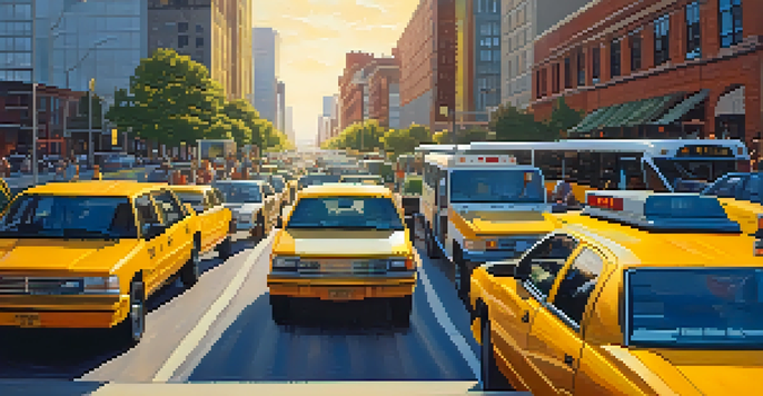 A busy morning scene in Jacksonville with commuters in cars, buses, and on bicycles, with a skyline in the background and a golden sunrise.