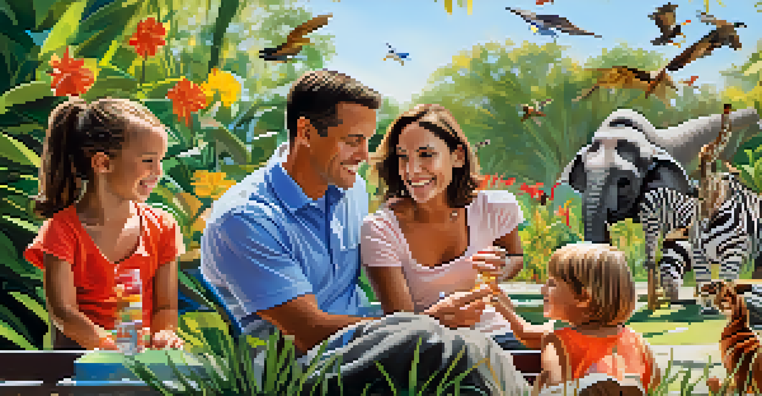 A family at Jacksonville Zoo and Gardens, interacting with animals and surrounded by flowers.