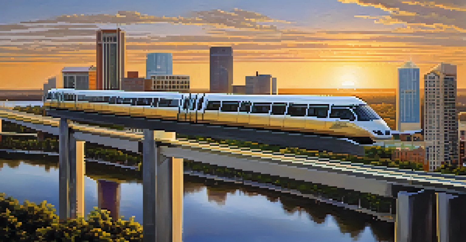 The Jacksonville Skyway monorail passing above the city with a sunset backdrop.