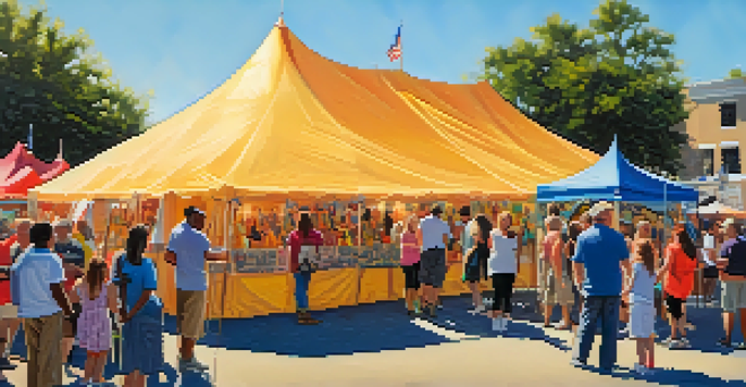 A lively community arts festival in Jacksonville with colorful tents, local artists showcasing their work, and people engaging in various art activities under a warm sunset.