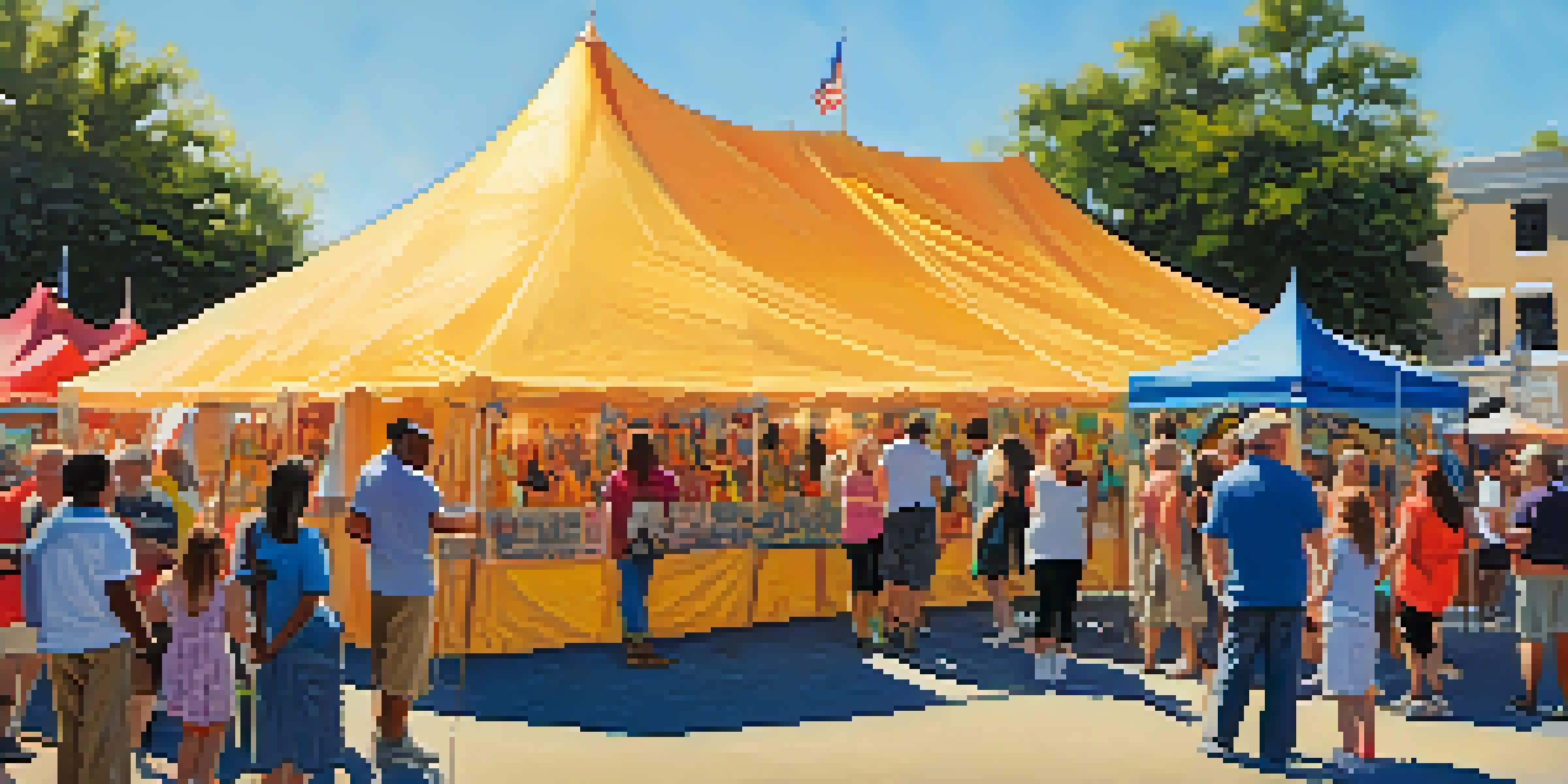 A lively community arts festival in Jacksonville with colorful tents, local artists showcasing their work, and people engaging in various art activities under a warm sunset.