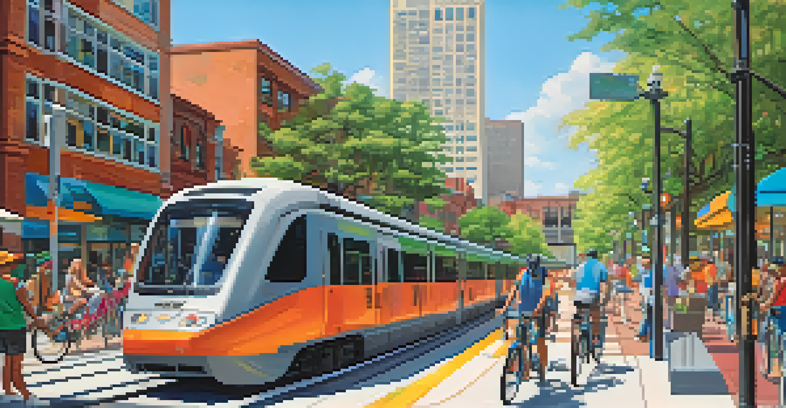 A modern urban planning scene in Jacksonville, showcasing a light rail system, pedestrians, cyclists, and green spaces, emphasizing sustainability and community interaction.