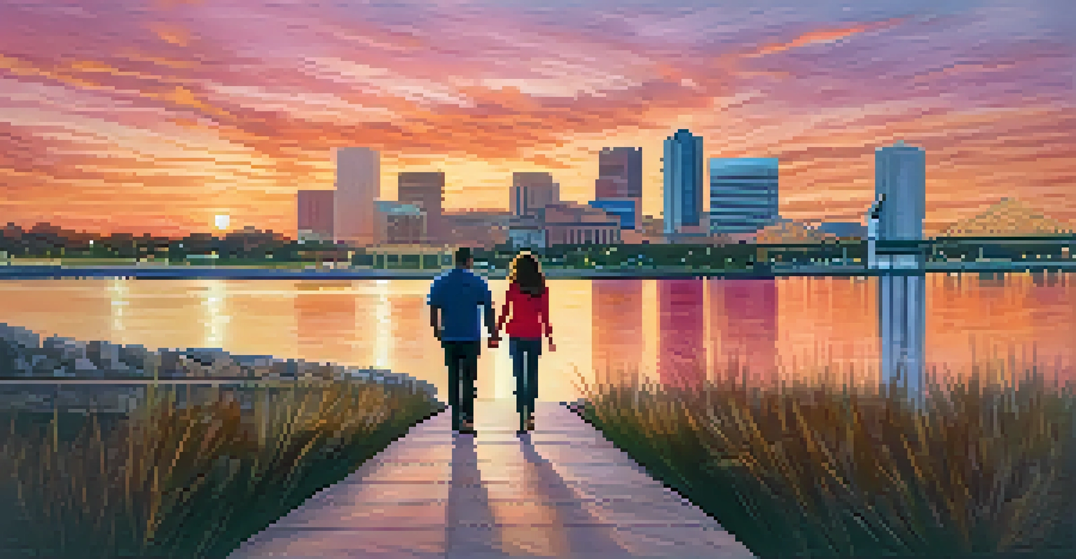 A couple walking hand-in-hand along the Riverwalk in Jacksonville during sunset, with colorful skies reflecting on the river, conveying a sense of tranquility.