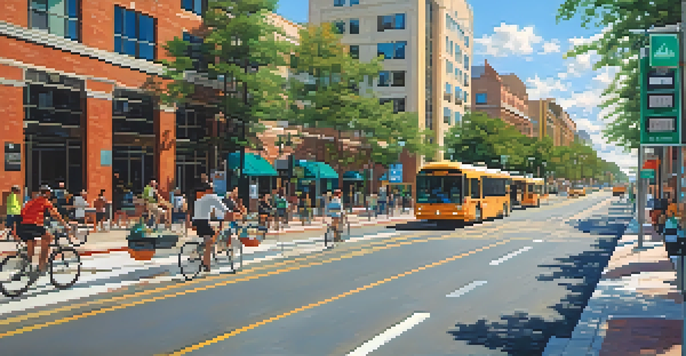 A lively urban environment in Jacksonville with cyclists in dedicated bike lanes, pedestrians on sidewalks, and electric buses, all under a bright blue sky.