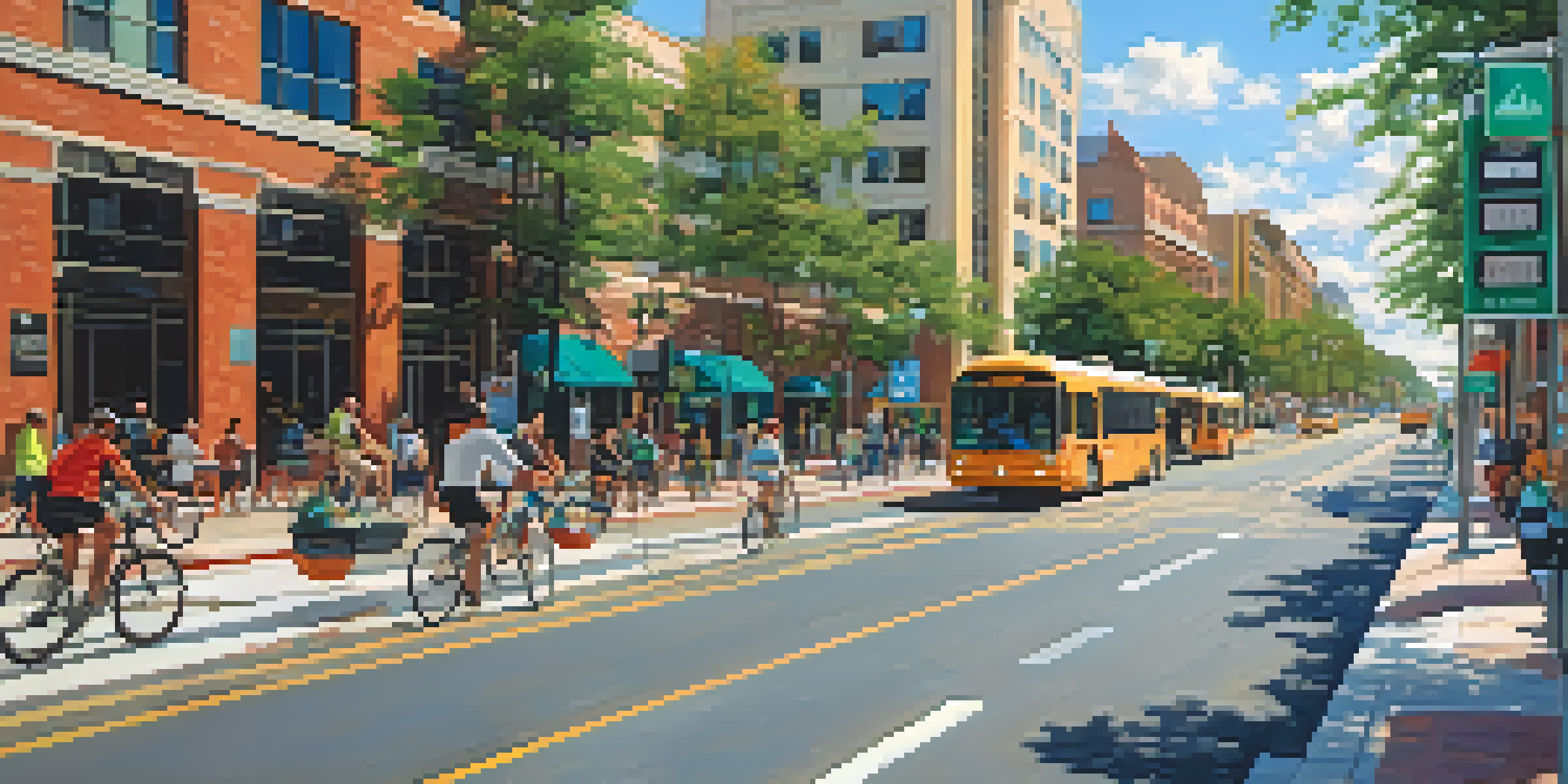 A lively urban environment in Jacksonville with cyclists in dedicated bike lanes, pedestrians on sidewalks, and electric buses, all under a bright blue sky.