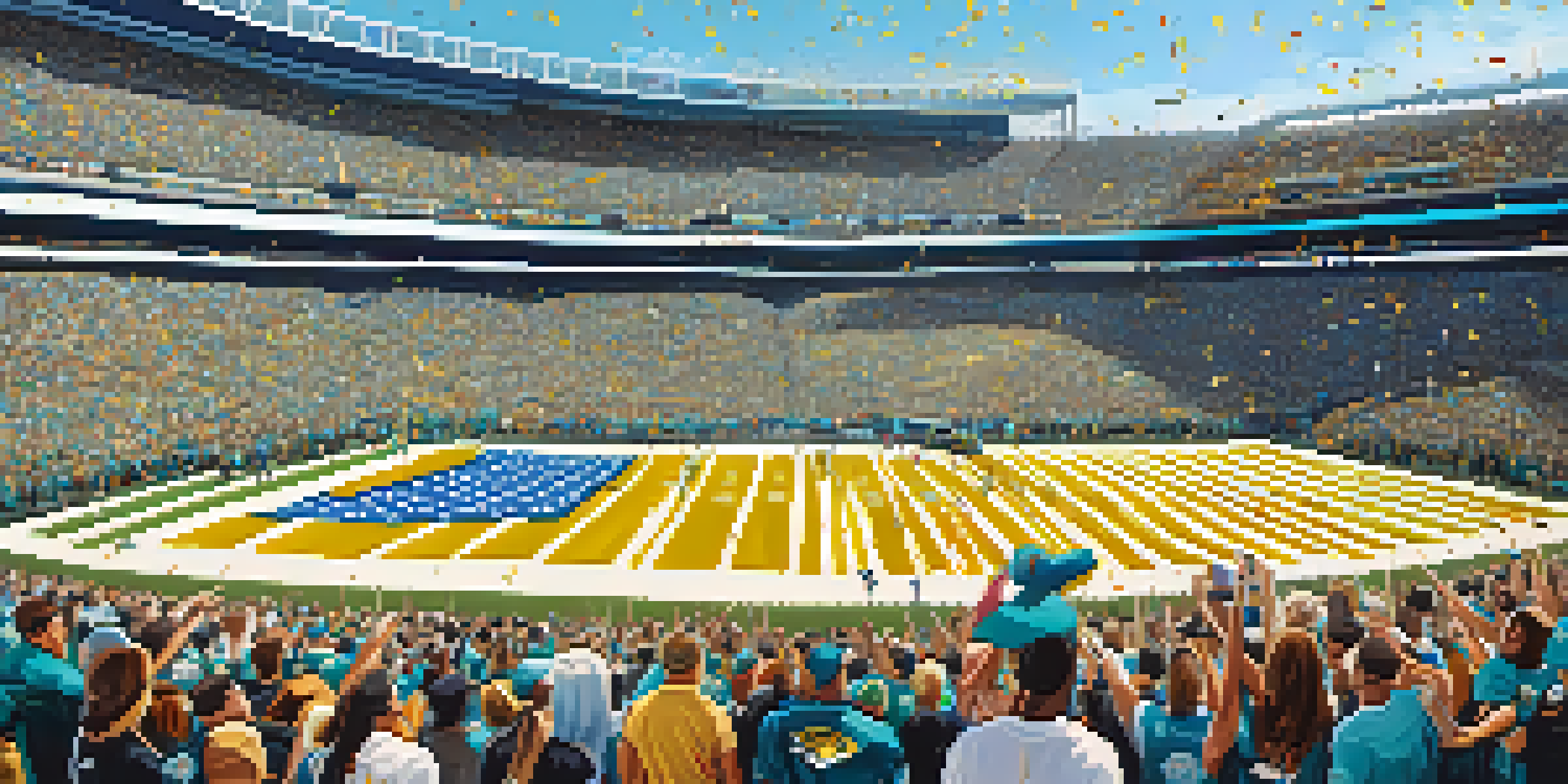 A lively football game at TIAA Bank Field with fans in team colors cheering and the Jaguars' mascot in the foreground.