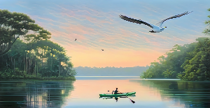 A peaceful morning on the St. Johns River with a kayaker and colorful skies reflecting on the water.