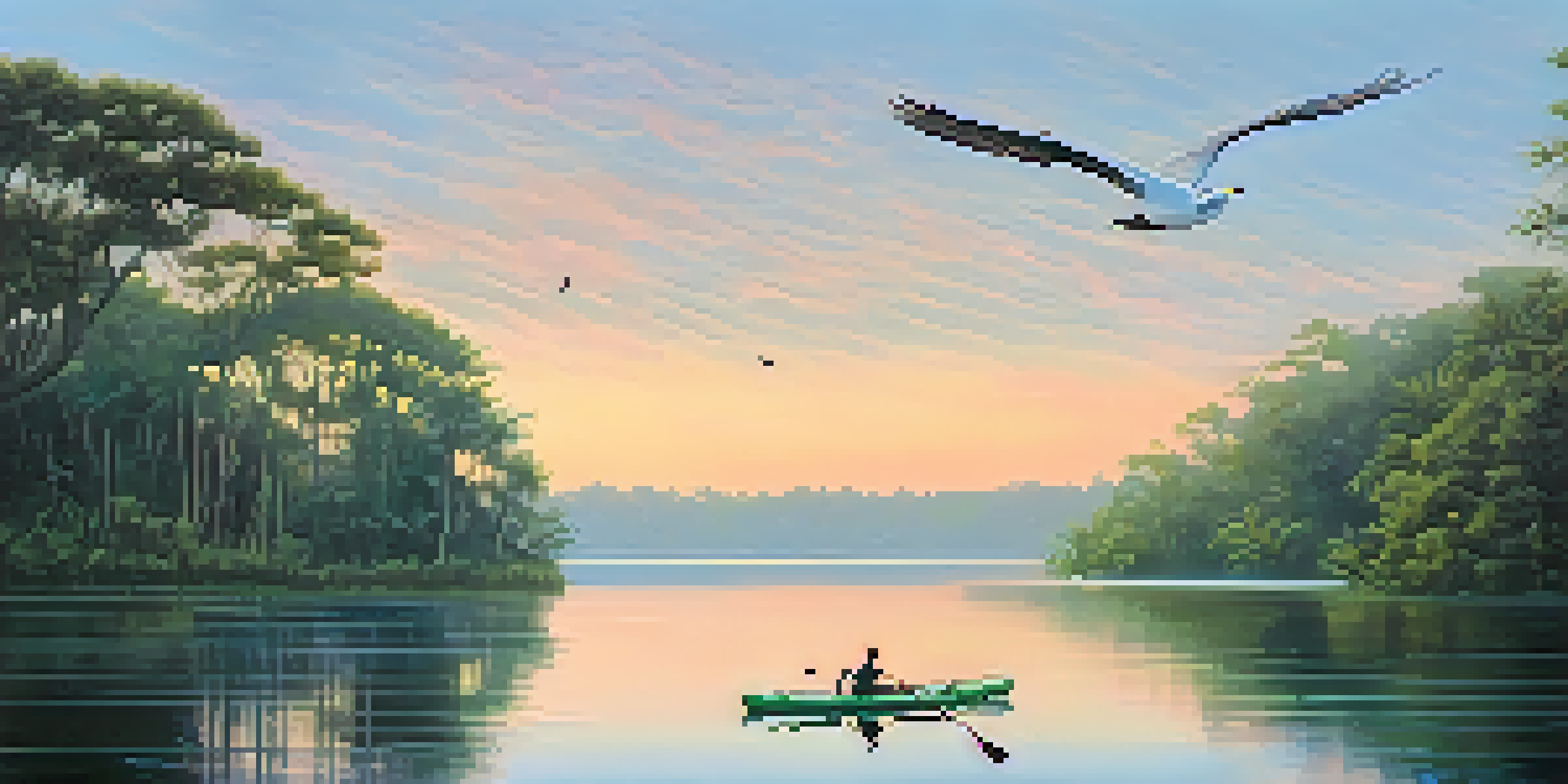A peaceful morning on the St. Johns River with a kayaker and colorful skies reflecting on the water.