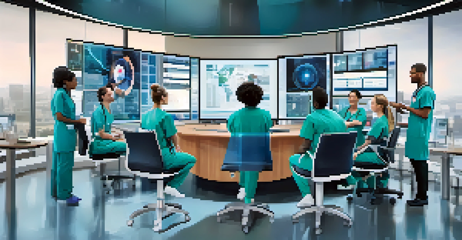 Diverse healthcare professionals collaborating in a high-tech conference room, discussing health data and technology.