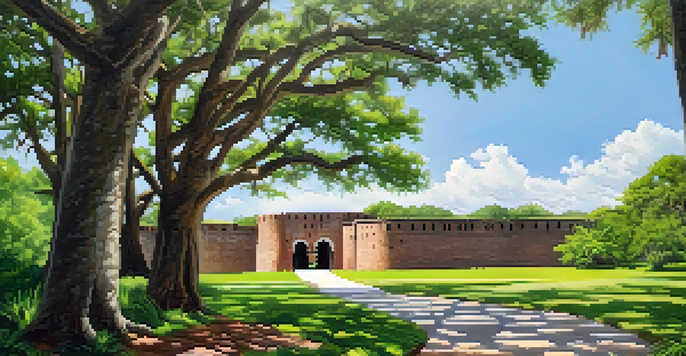 A scenic view of Fort Caroline National Memorial with visitors exploring the historical site surrounded by trees and a clear sky.