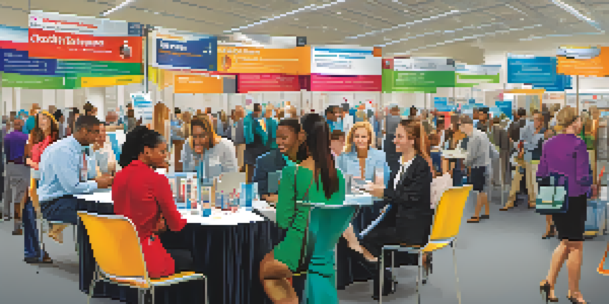 A vibrant job fair in Jacksonville with diverse job seekers interacting with employers at booths, surrounded by colorful banners and promotional materials.