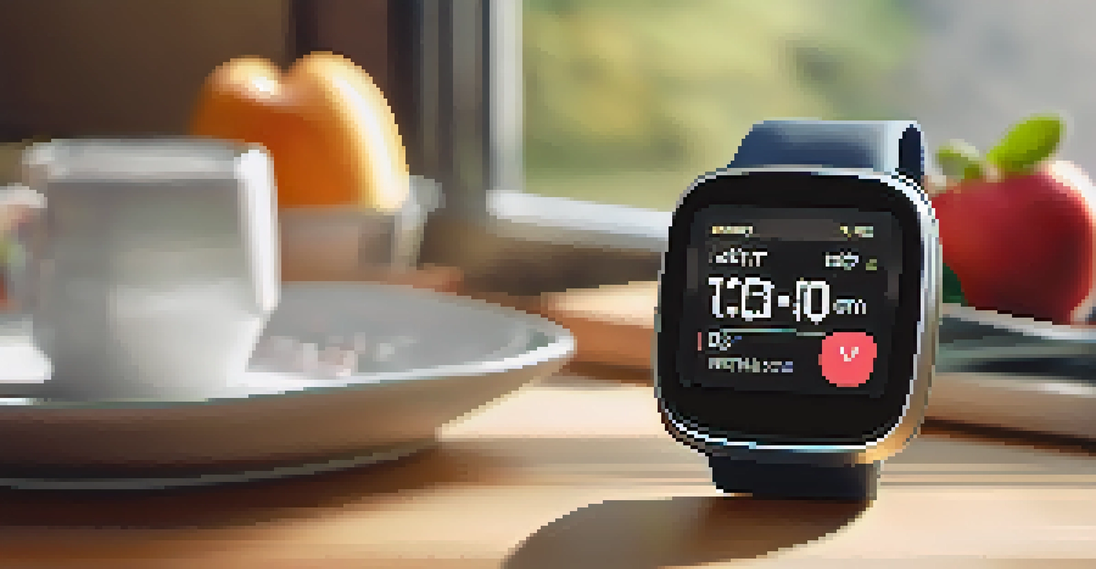 A smartwatch on a wooden table showing health metrics, with a healthy breakfast blurred in the background, illuminated by soft morning light.