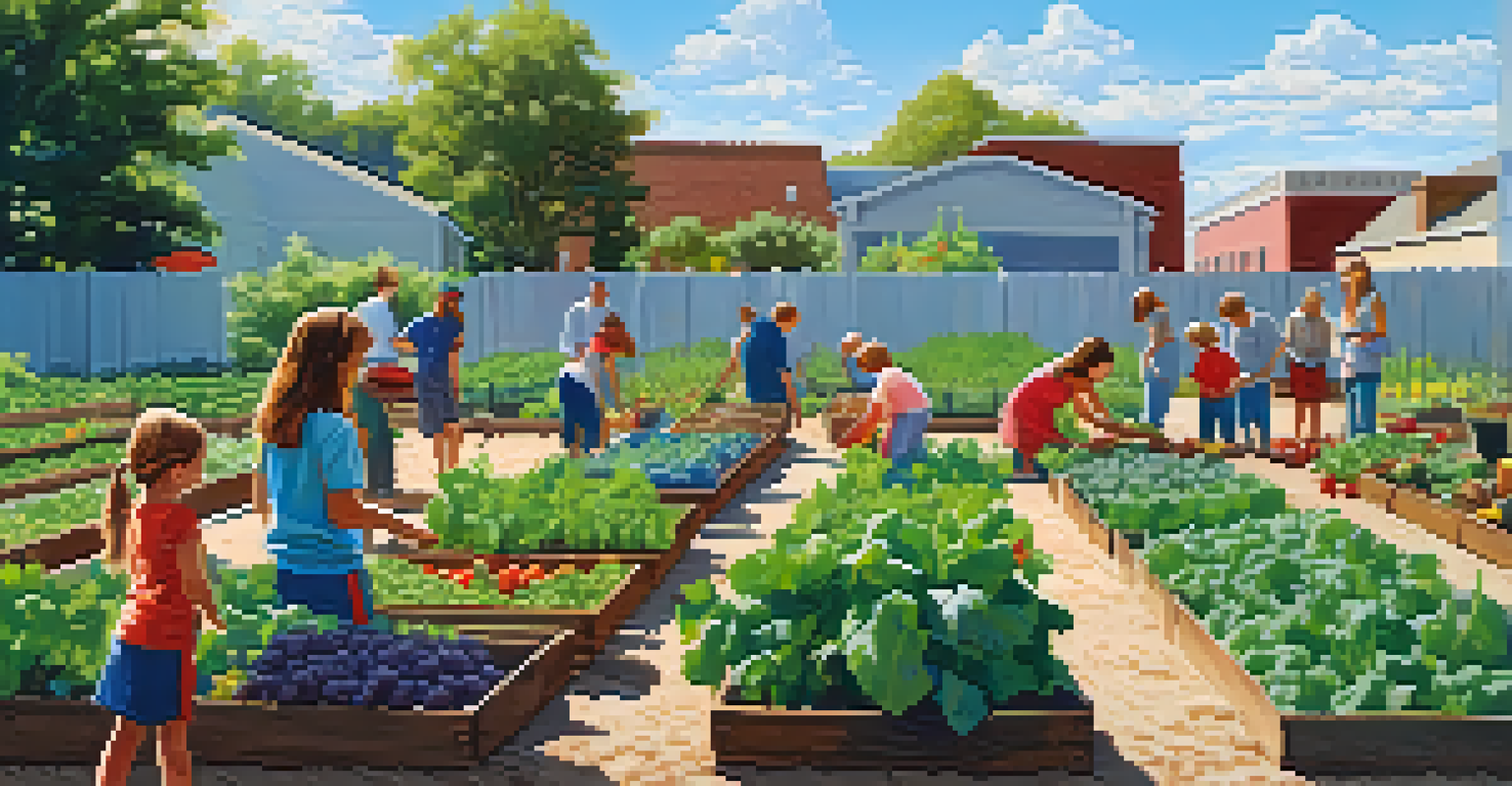 A community garden with families planting and harvesting fresh vegetables, colorful plants, and children playing in the background under a clear blue sky.