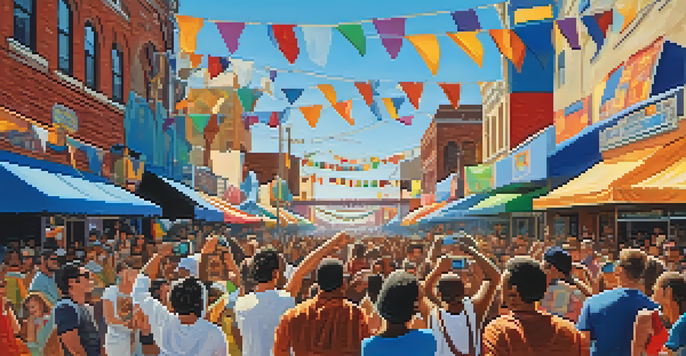 A lively street scene depicting a music festival in Jacksonville, with diverse musicians on stage and a colorful crowd enjoying the performance.