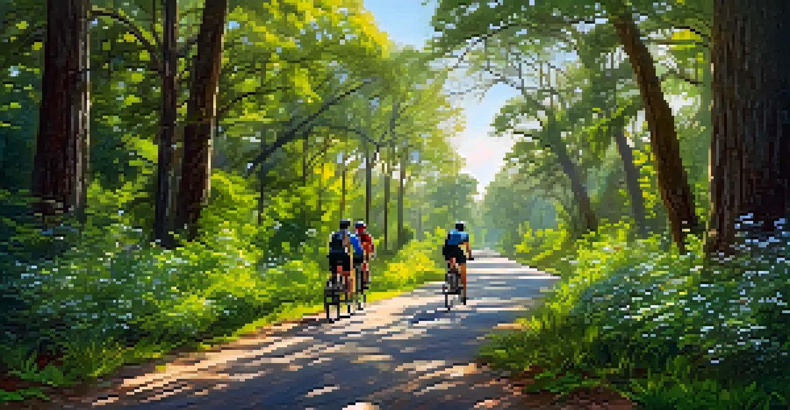 Bikers riding along a scenic trail in Jacksonville, surrounded by lush trees and wildflowers.
