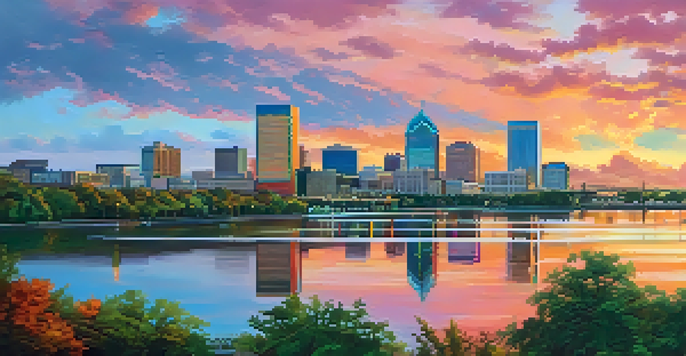 A scenic sunset view of downtown Jacksonville with modern skyscrapers and the St. Johns River.
