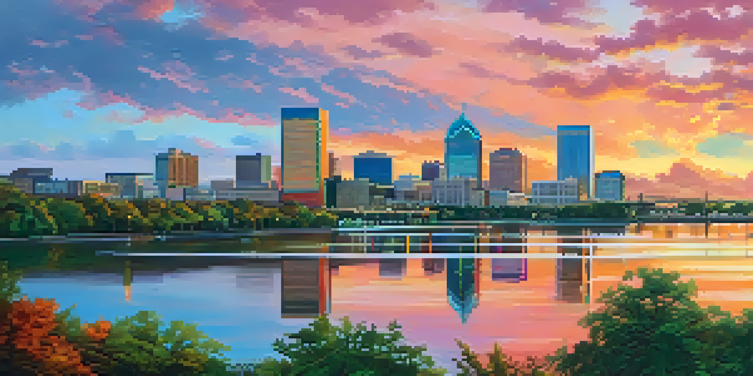 A scenic sunset view of downtown Jacksonville with modern skyscrapers and the St. Johns River.