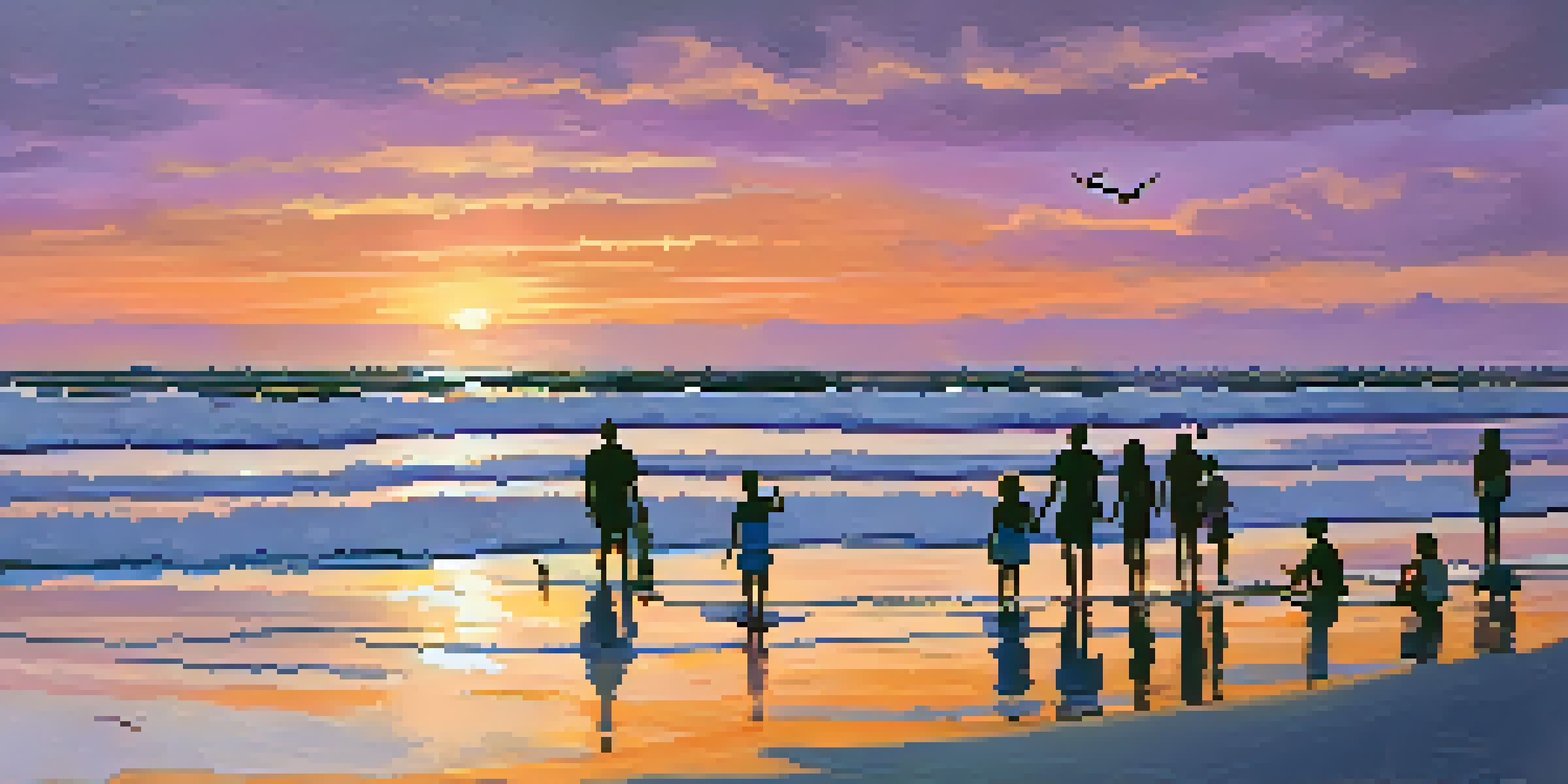 A picturesque sunset at Jacksonville Beach with colorful skies and people enjoying the beach.