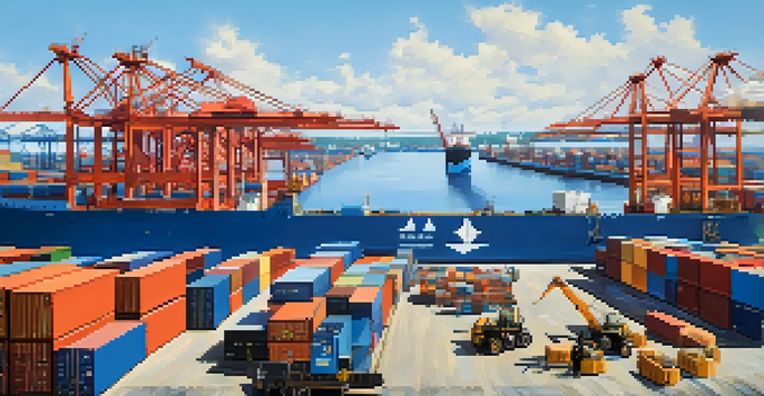 A busy port in Jacksonville with cargo ships, cranes, and workers, highlighting freight transportation.