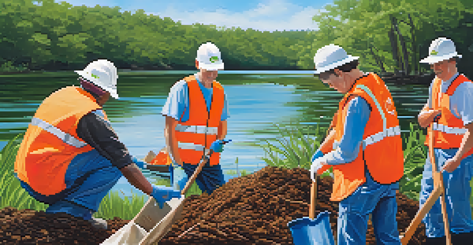 Volunteers cleaning up along the St. Johns River, wearing orange vests, with greenery and a clear sky in the background.