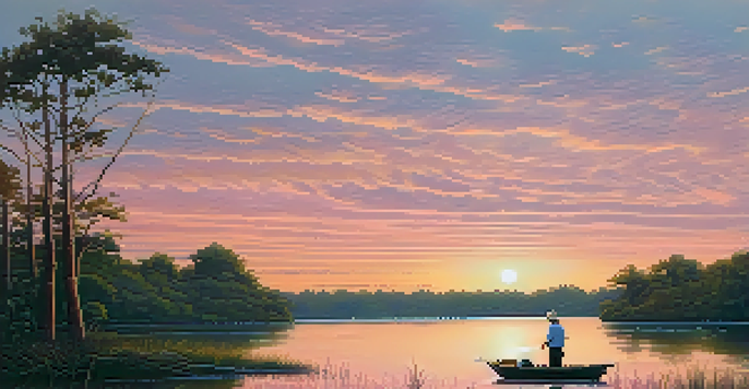 A fisherman casting his line from a small boat on the St. Johns River at dusk, with a colorful sunset sky and lush trees in the background.
