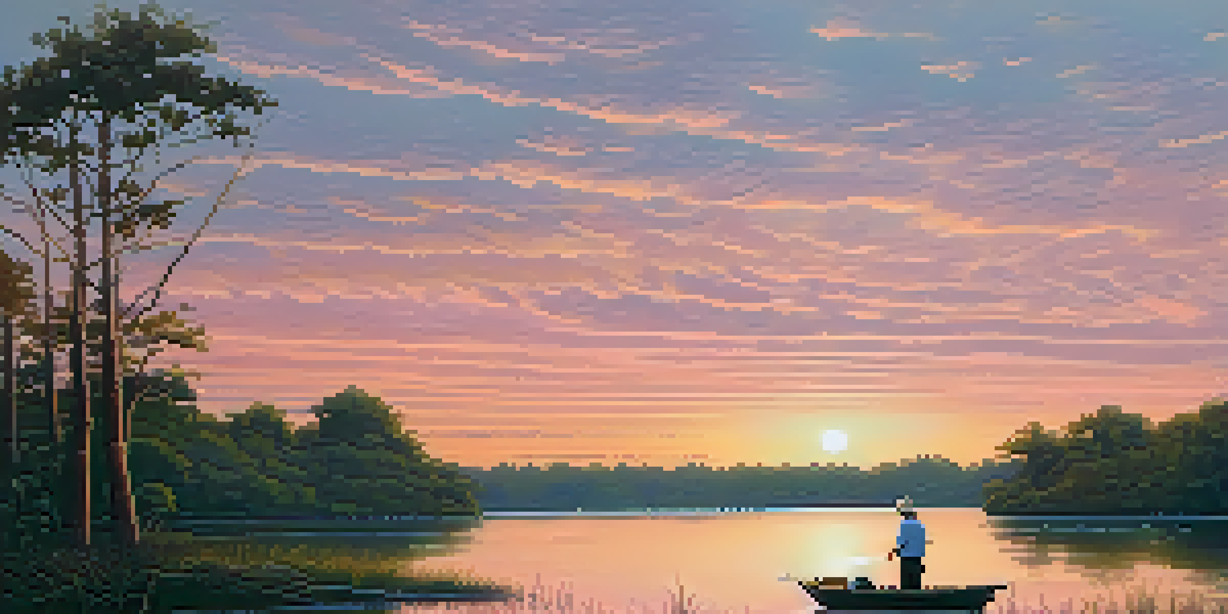A fisherman casting his line from a small boat on the St. Johns River at dusk, with a colorful sunset sky and lush trees in the background.