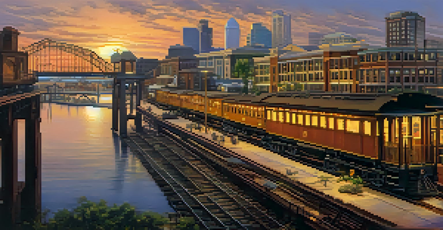 A scenic view of Jacksonville's landscape showing railroads in the foreground and a sunset over the waterfront.