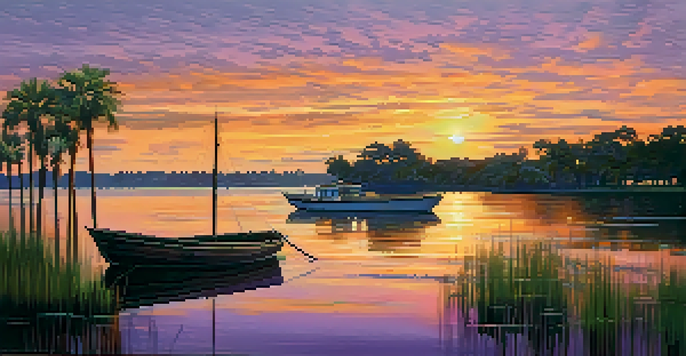 A sunset view of the St. Johns River with a small boat and historic buildings in the background.