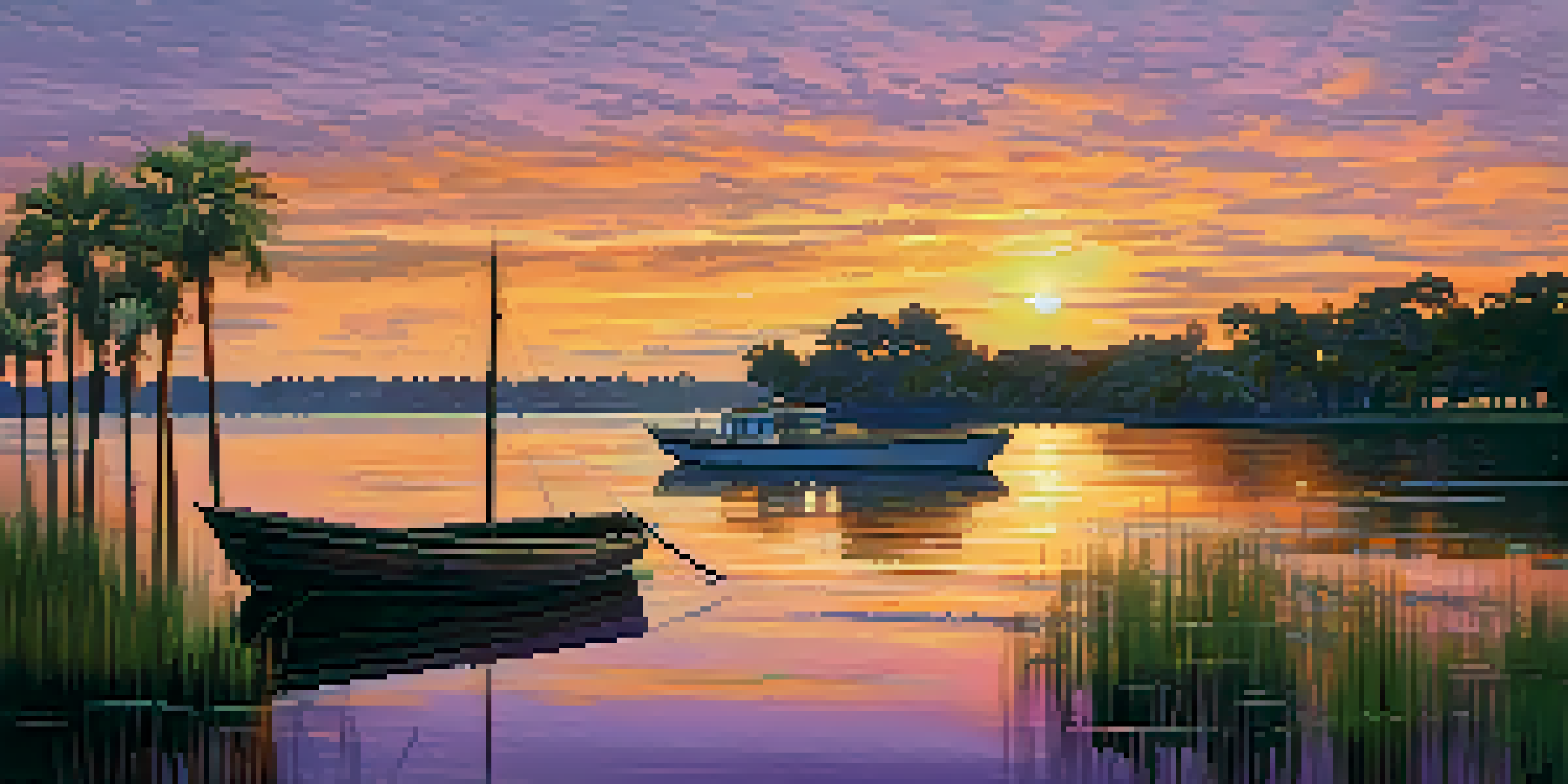 A sunset view of the St. Johns River with a small boat and historic buildings in the background.