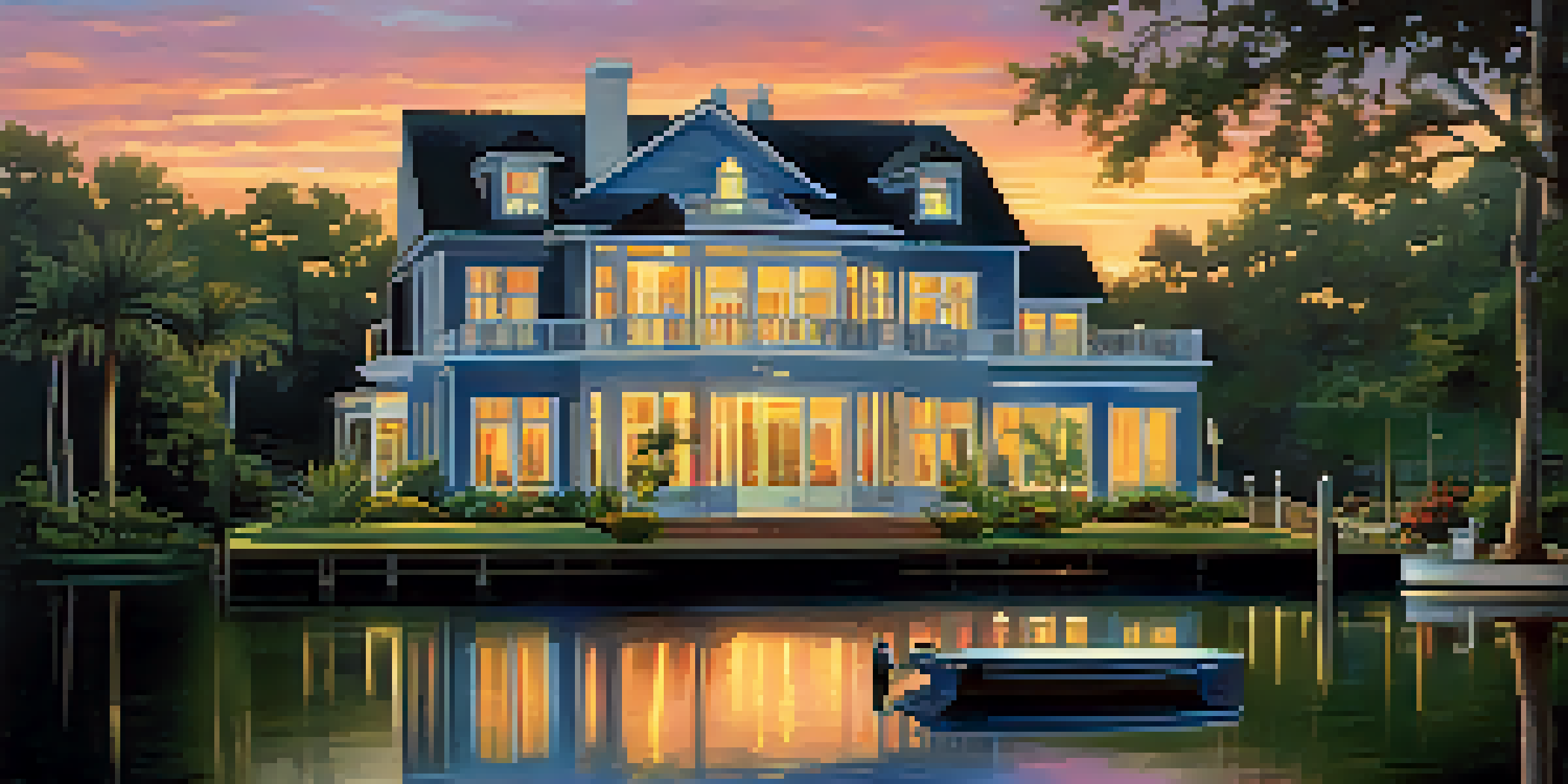 A luxurious waterfront home in Jacksonville with large glass windows, a sunset over the river, and a private dock.