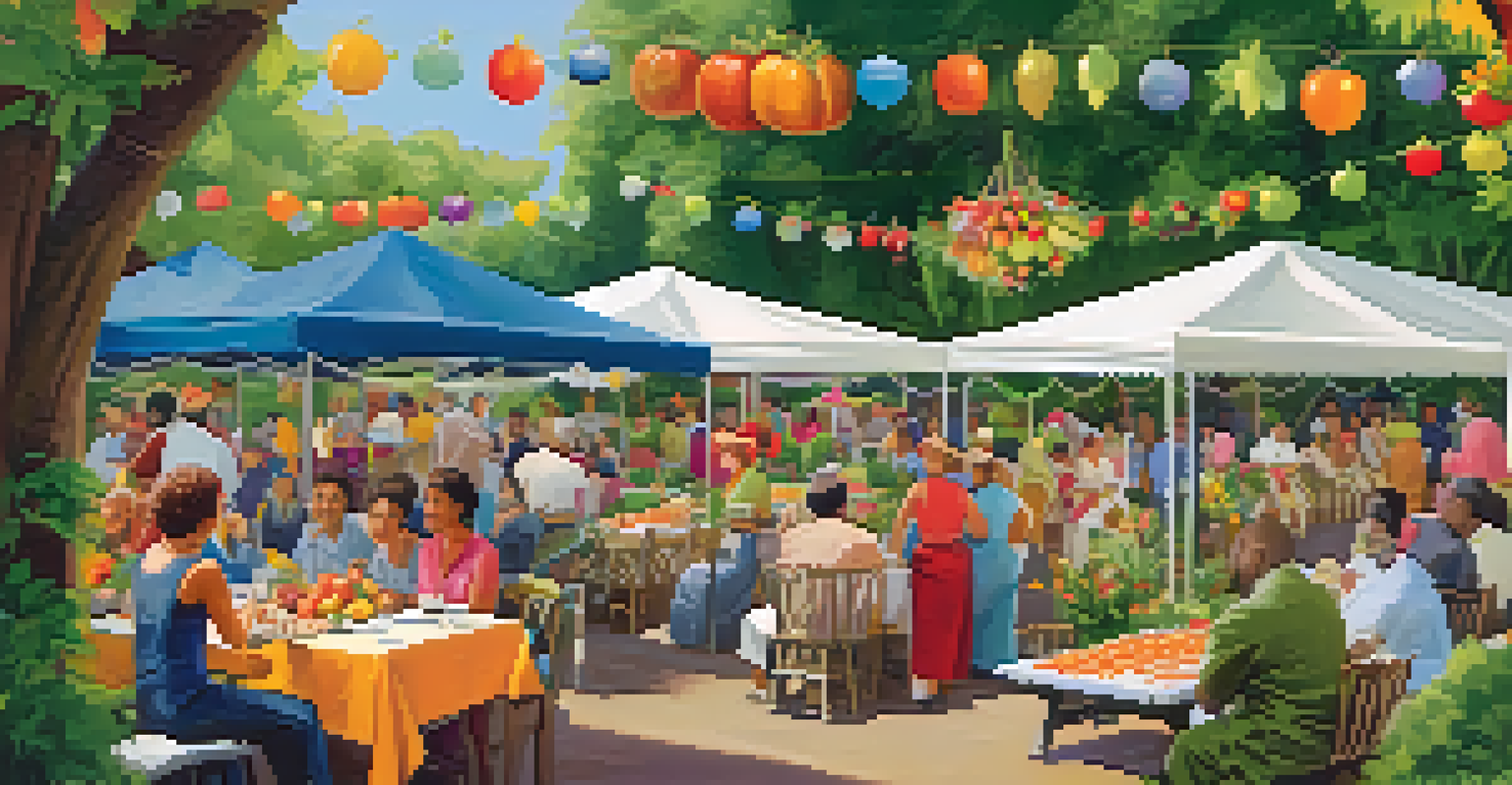 A festive community gathering in a garden, featuring tables of fresh produce and families enjoying meals together under decorated canopies.