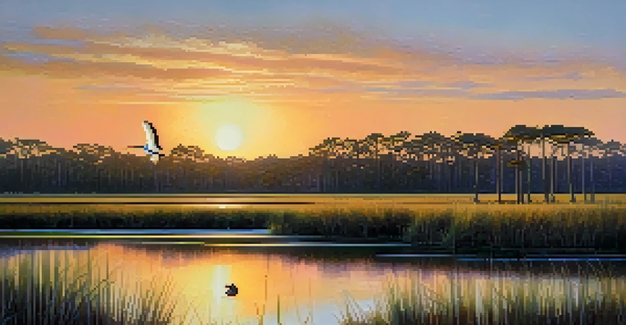 A tranquil view of a heron standing by the water in the Timucuan Ecological and Historical Preserve, illuminated by golden hour light.