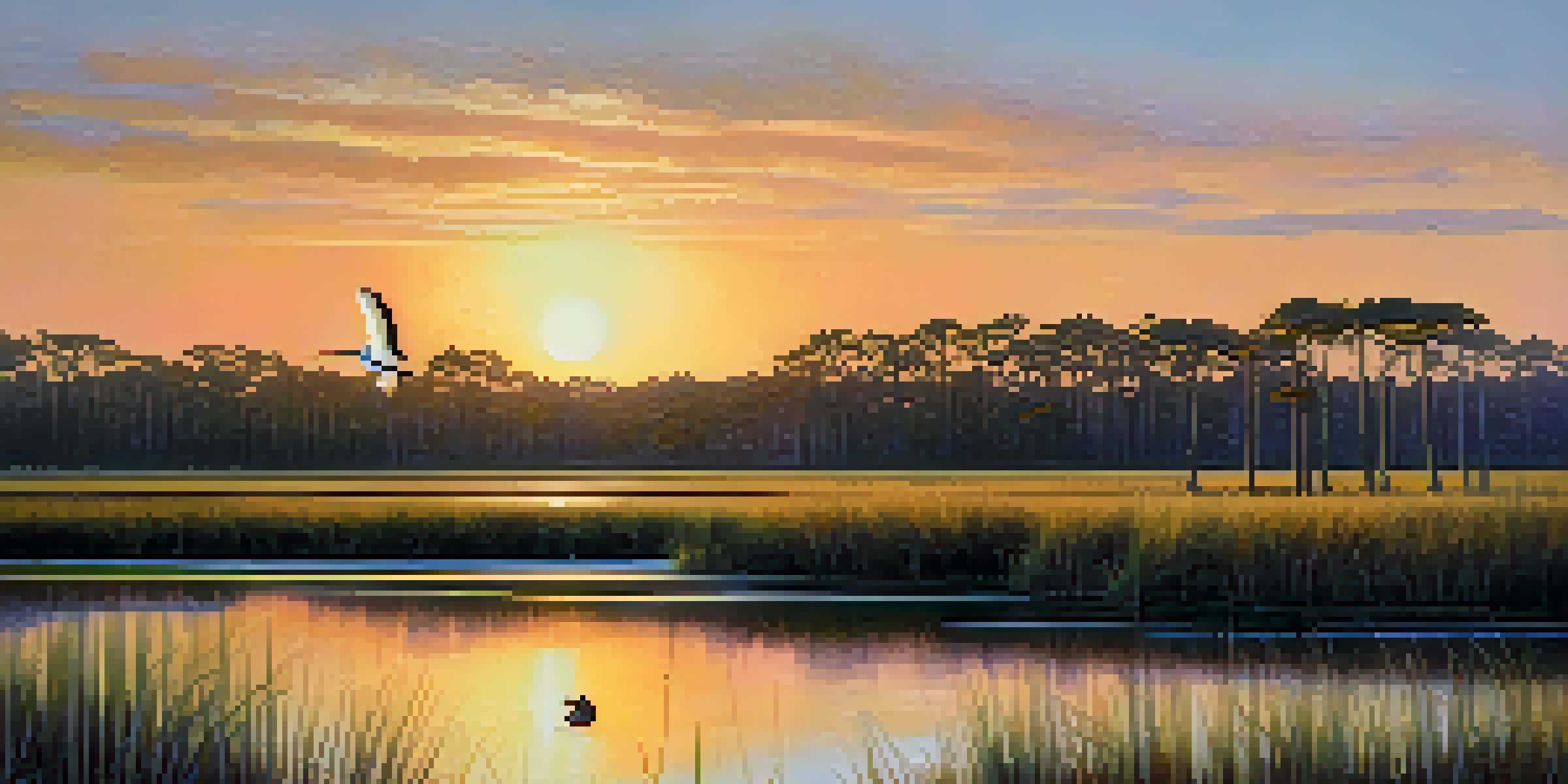 A tranquil view of a heron standing by the water in the Timucuan Ecological and Historical Preserve, illuminated by golden hour light.