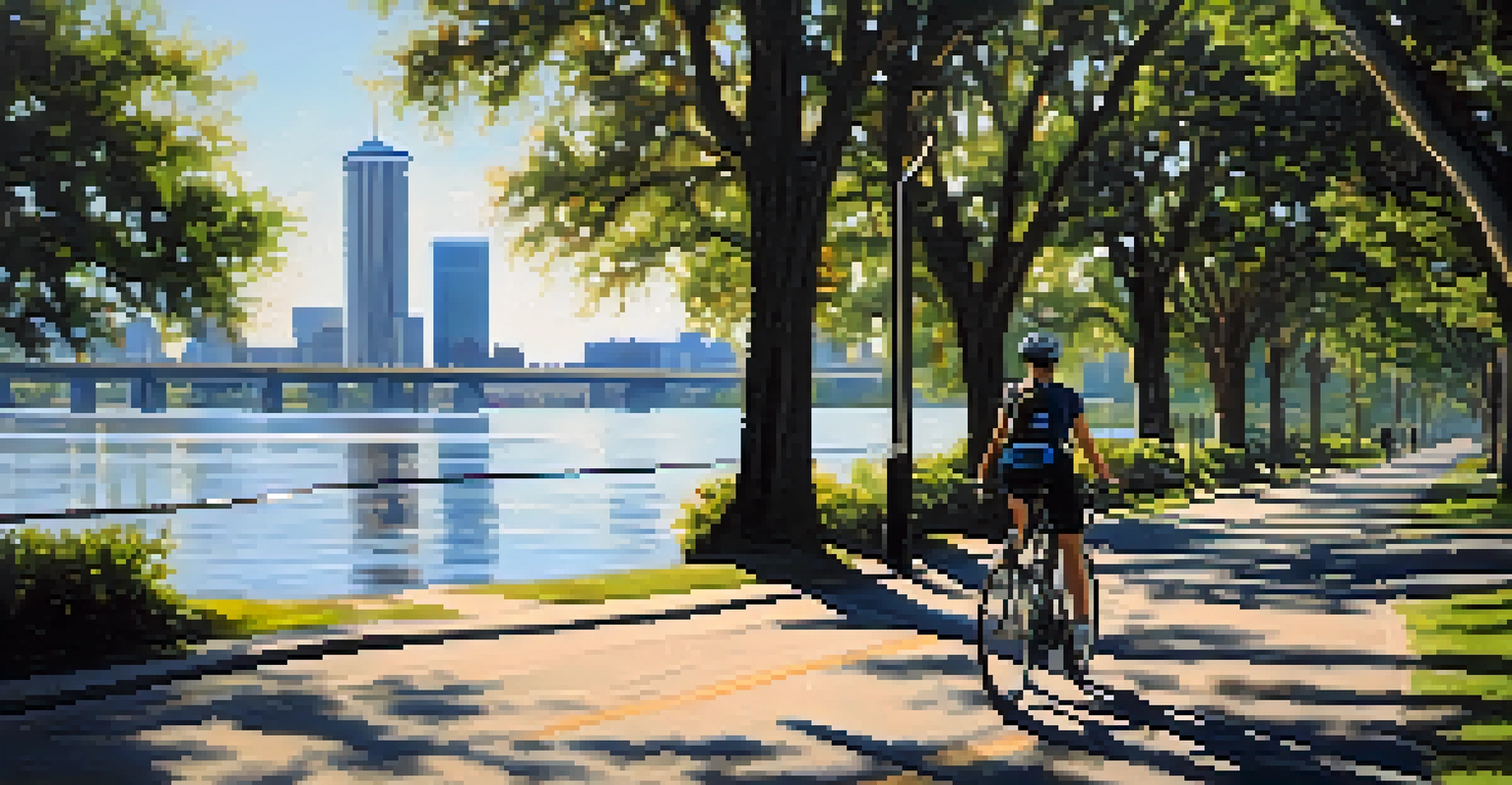A cyclist riding along the St. Johns River in Jacksonville with a view of the skyline.