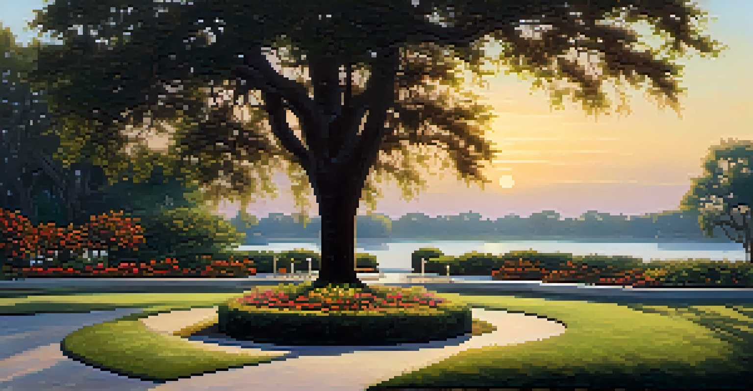 A peaceful garden in Memorial Park featuring colorful flowers, a memorial, and paths for reflection, with the St. Johns River in the background during sunset.