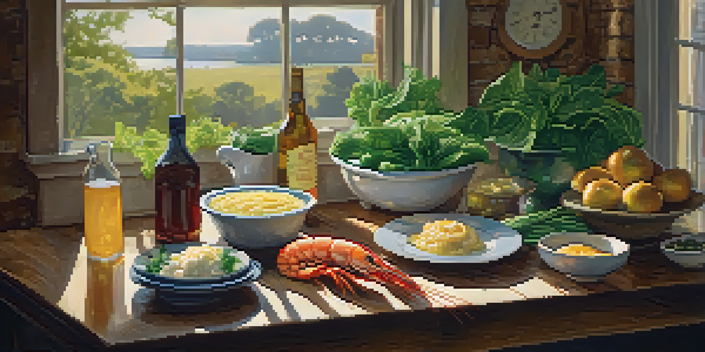 A rustic kitchen table filled with Southern dishes including shrimp and grits, fried green tomatoes, and collard greens, illuminated by warm sunlight.