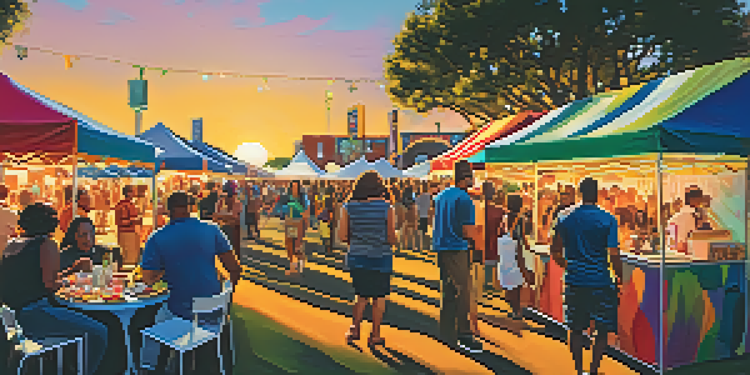 A lively outdoor festival scene with diverse people enjoying music, food, and art under a colorful sunset in Jacksonville.