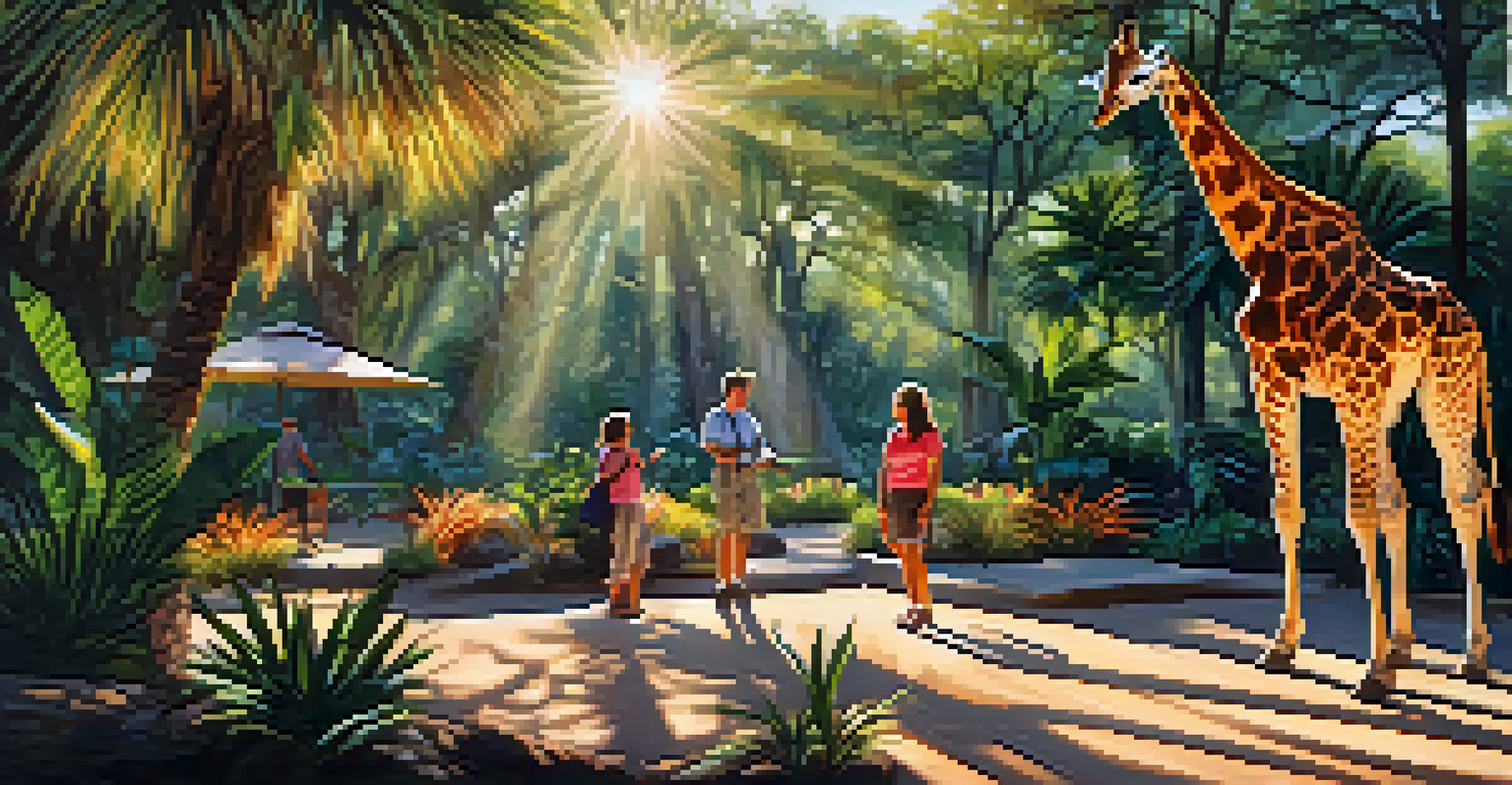 A family interacting with a giraffe in a savannah-themed exhibit at Jacksonville Zoo and Gardens, surrounded by lush tropical plants and warm sunlight.