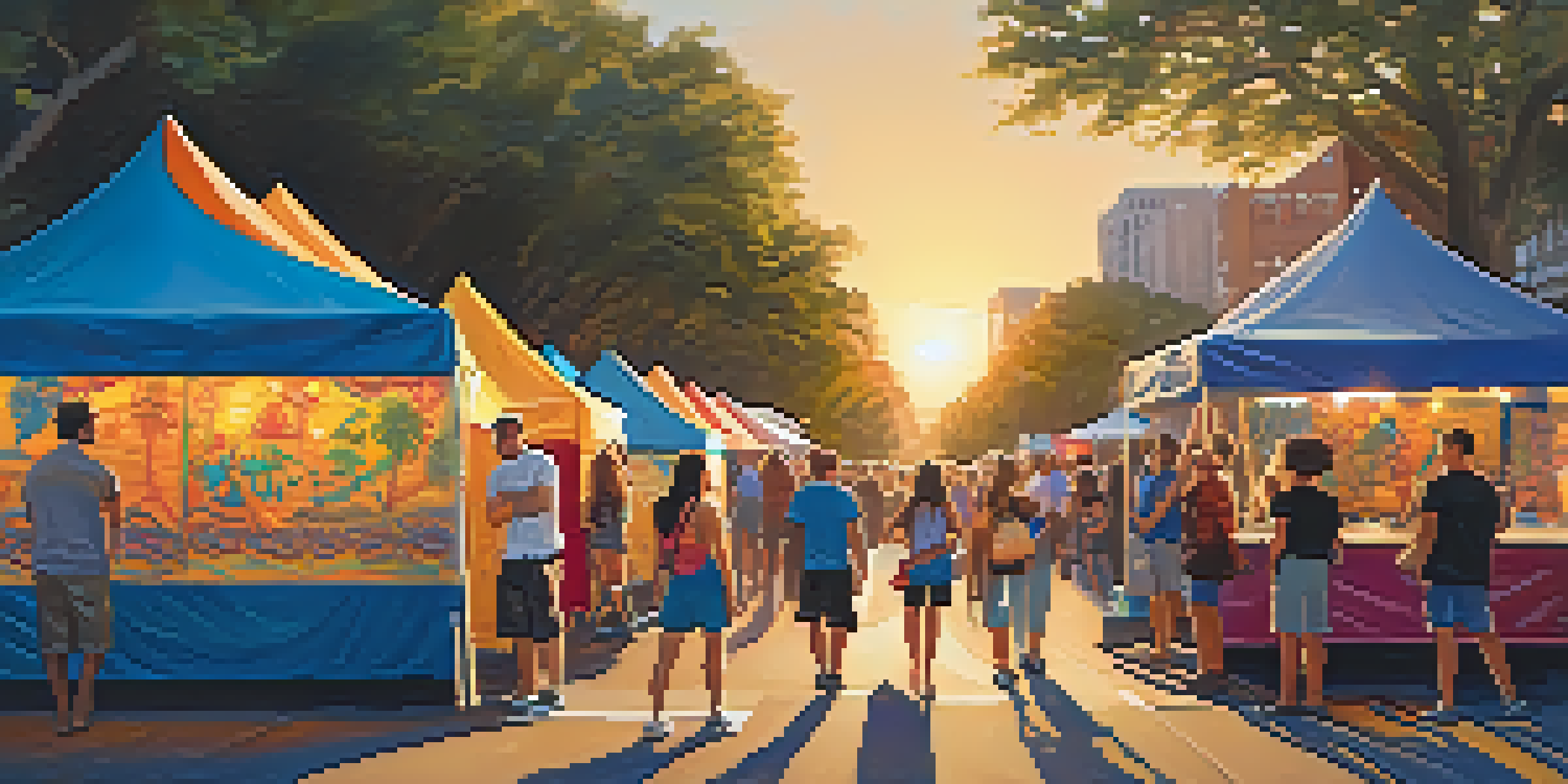 A lively Jacksonville festival scene with art displays, musicians, and diverse attendees enjoying the sunset.